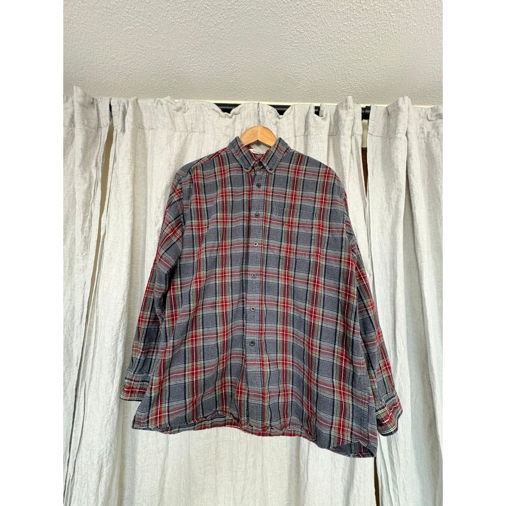 L.L.Bean Mens Large Regular Plaid Flannel Shirt Red Gray Button Front Cotton